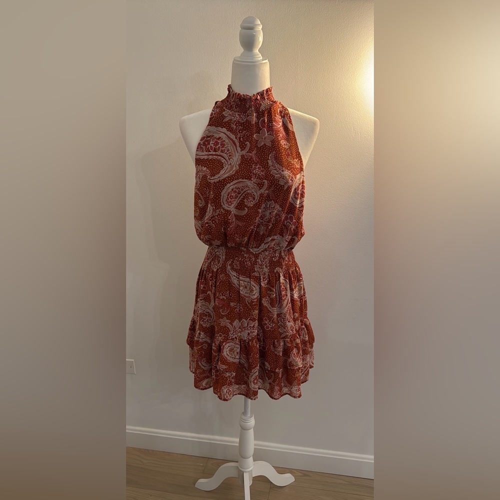 Olivia Grey Burnt Orange Tiered Halter Mini Dress